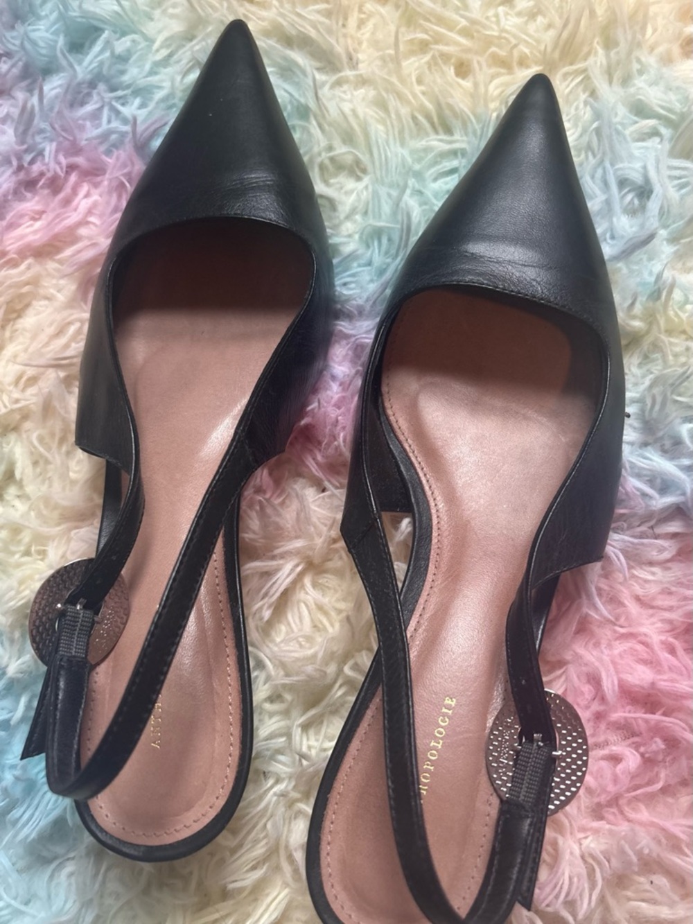 Anthropologie (size 7.5) Black Pointed Leather Slingback Flats kitten heel